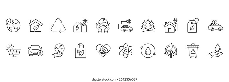Ecology and Environment Line Editable Icons set. In modern thin line style of environment related icons: sustainable future, recycling, green energy, and more. Vector illustration.