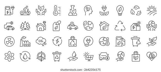 Ecology and Environment Line Editable Icons set. In modern thin line style of environment related icons: sustainable future, recycling, green energy, and more. Vector illustration.