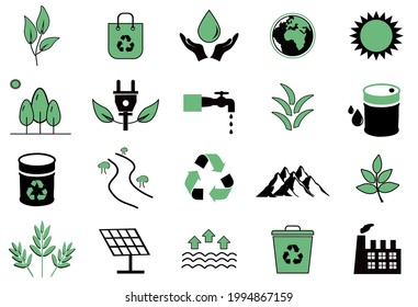 Ecology and Environment line icon set. Nature and Renewable Energy green color linear icons. Eco line icons flat color outline vector sign eco symbol collection. editable file