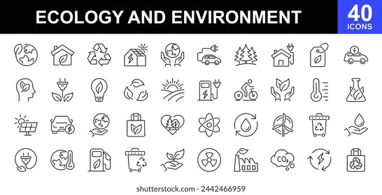 Ecology and environment line icons set. Environment, sustainability, nature, recycle, renewable energy, eco-friendly, forest, wind power, green symbol and more. Set of eco related line icons