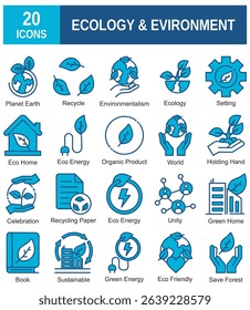 Ecology and environment line icons set. Environment, sustainability, nature, recycle, renewable energy, eco-friendly, forest, wind power, green symbol and more. Set of eco related line icons