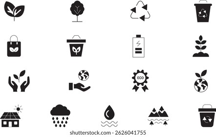 Ecology and Environment Line Icons.  Vector glyph pictograms of recycle, tree, solar panel, wind turbine, environment, renewable energy.