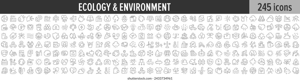 Colección de iconos lineales de Ecología y Medio Ambiente. Gran conjunto de 245 iconos de Ecología y Medio Ambiente. Colección de iconos de línea fina. Ilustración de vector