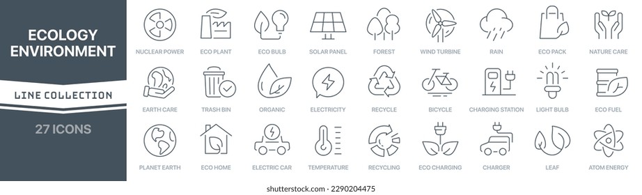 Ecology and environment linear signed icon collection. Signed thin line icons collection. Set of ecology and environment simple outline icons