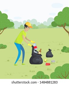 Ecology and environment, man collecting garbage in park, rubbish reduction. Man cleaning Earth, pollution prevention, volunteer with package. Vector illustration in flat cartoon style