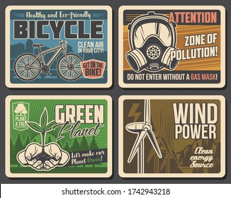 Ecology, environment and nature conservation vector design. Wind energy, green tree, eco transport and air pollution. Wind turbine, plant on hands and bicycle, respirator mask, bike and forest posters