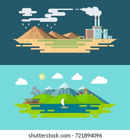 Ecology, environment, nature pollution, green energy, eco life, emissions, planet conservation concept illustrations in flat design style.