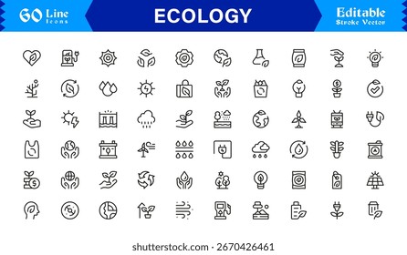 Ecology and Environment Outline Icon Set – Minimal Linear Eco Symbols for Sustainability, Recycling, Renewable Energy, and Green Planet Conservation Vector Collection