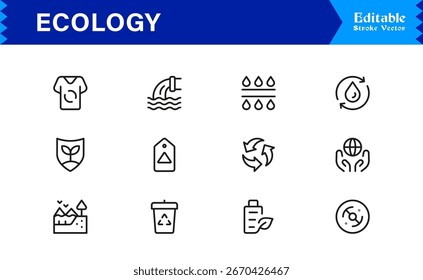 Conjunto de iconos de contorno de ecología y medio ambiente: símbolos ecológicos lineales mínimos para la sostenibilidad, el reciclaje, la energía renovable y la Colección de Vector para la conservación del planeta verde