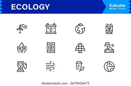 Ecologia e Ambiente Conjunto de Ícones - Símbolos Eco Lineares Mínimos para Sustentabilidade, Reciclagem, Energia Renovável, e Green Planet Conservation Vetor Collection