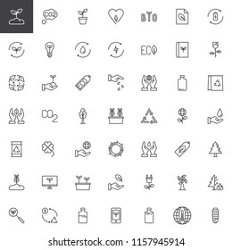 Ecology and Environment outline icons set. linear style symbols collection, line signs pack. vector graphics. Set includes icons as Sprout, Co2, Leaf, Water, Recycle Barrel, Green Battery, Windmill