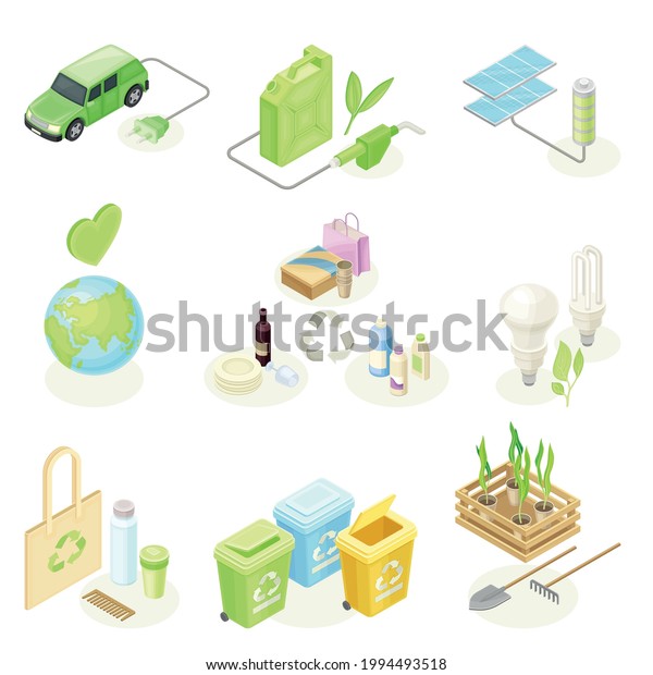 Ecology\
and Environment Protection and Conservation with Recycling,\
Electric Car and Solar Panel Isometric Vector\
Set