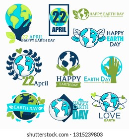 Ecology and environment protection Earth day isolated icons vector globe and hand tree leaves international holiday pollution prevention planet rescuing litter reduction spring event emblems or logo