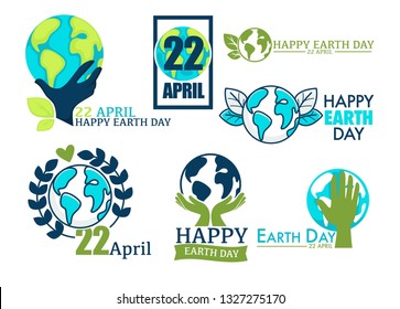 Ecology and environment protection Earth day isolated icons vector globe and hand tree leaves international holiday pollution prevention planet rescuing litter reduction spring event emblems or logo.