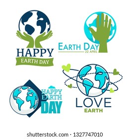 Ecology and environment protection Earth day isolated icons vector globe and hand tree leaves international holiday pollution prevention planet rescuing litter reduction spring event emblems or logo.