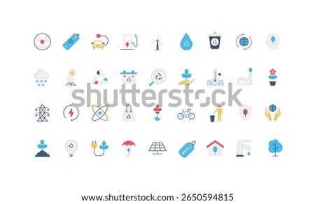 Ecology and environment protection, eco mindset, technology to recycle waste, power battery color icon set. Nature conservation, renewable energy production, water consumption flat vector illustration