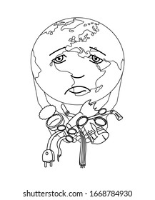
Ecology and environment protection. The problem of garbage and household waste. Sad planet earth shows the debris that is holding in his hands. Contour image. Decor element. Vector illustration.