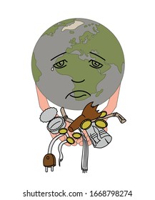 
Ecology and environment protection. The problem of garbage and household waste. Sad planet earth shows the debris that is holding in his hands. Color image. Decor element. Vector illustration.