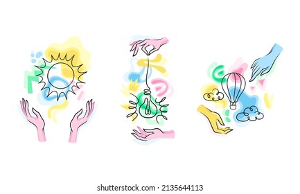 Ecology and environment protection set. Human hands with sun, bulb and hot air balloon hand drawn vector illustration