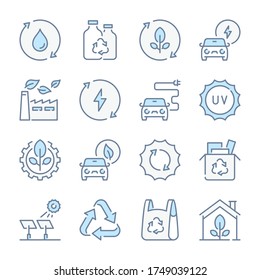 Ecology and Environment related blue line colored icons. Recycle and Alternative Energy Sources icon set.