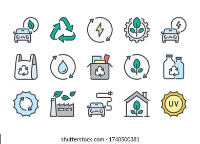 Ecology and Environment related color line icon set. Recycle and Nature care colorful linear icons. Eco Friendly and Alternative Energy Sources flat color outline vector sign collection.