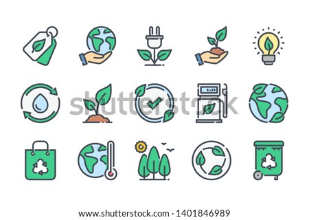 Ecology and Environment related color line icon set. Nature and Renewable Energy colorful linear icons. Eco friendly and Eco line icons flat color outline vector sign collection.