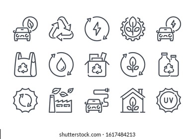 Ecology and Environment related line icon set. Recycle and nature care linear icons. Eco friendly and alternative energy sources outline vector sign collection.