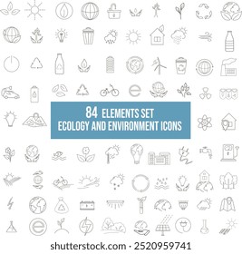 Ecology and Environment related line icon set. Nature and Renewable Energy. Eco friendly outline vector sign collection, car, bike, nature, weather, battery, Earth, electricity, lamp, hands.