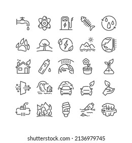 Ecology and Environment Related Vector Line Icons. Contains such Icons as Biofuel Car, Global Warming, Wildfire, Recycle, Plastic waste, Pollution and more. Editable Stroke
