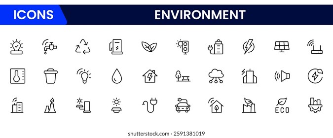 Ecology and Environment Related Vector Line Icons. Contains such Icons as Electric Car, Global Warming, Forest, Recycle, Nuclear power, Pollution.