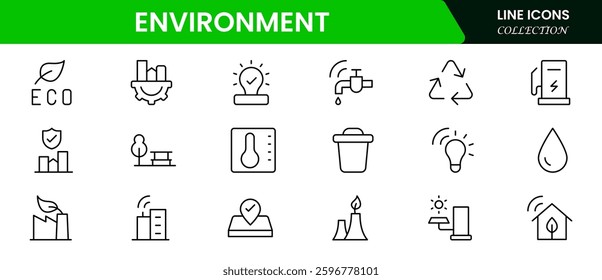 Ecology and Environment Related Vector Line Icons. Contains such Icons as Electric Car, Global Warming, Forest, Recycle, Nuclear power, Pollution.
