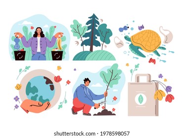 Ecology environment save protection planet Earth day ecological problems concept. Vector flat cartoon modern style graphic illustration