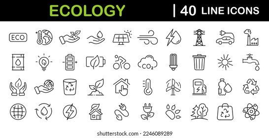 Ecology and Environment set of web icons in line style. Ecology and Energy icons. Eco friendly. Electric car, global warming, renewable energy, organic farming. Vector illustration
