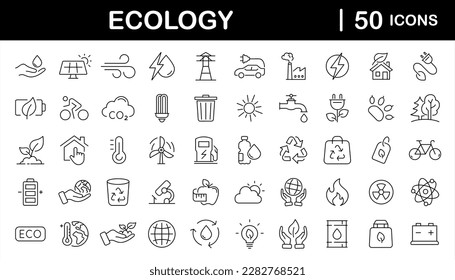 Ecology and Environment set of web icons in line style. Ecology and Energy icons. Eco friendly. Electric car, global warming, renewable energy, organic farming. Vector illustration