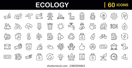 Ecology and Environment set of web icons in line style. Ecology and Energy icons. Eco friendly. Electric car, global warming, renewable energy, organic farming. Vector illustration