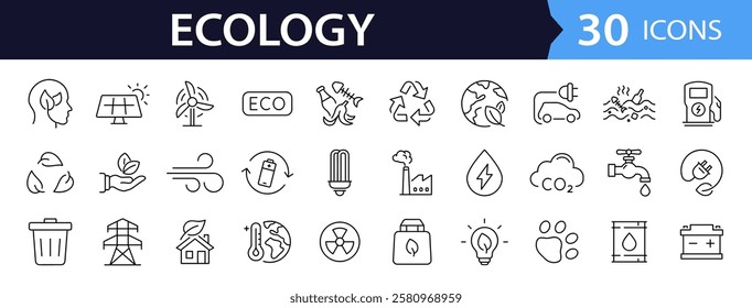 Ecology and Environment set of web icons in line style. Ecology and Energy icons. Eco friendly. Electric car, global warming, renewable energy, organic farming. Vector illustration