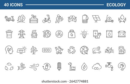 Ecology and Environment set of web icons in line style. Ecology and Energy icons. Eco friendly. Electric car, global warming, renewable energy, organic farming. Vector illustration