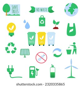 Ecology and environment vector graphic set. Green and zero waste collection.