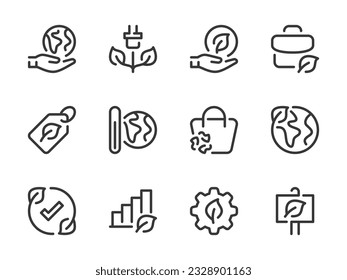 Ecology and Environment vector line icons. Ecological processes and Eco product outline icon set. Global warming, Green energy, Greening the planet, Care for nature and more.