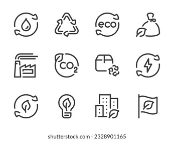 Ecology and Environment vector line icons. Eco product and Renewable energy outline icon set. Green energy, Garbage recycling, Factory, Recycling process, Water purification and more.