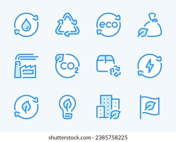 Ecology and Environment vector line icons. Eco product and Renewable energy outline icon set. Green energy, Garbage recycling, Factory, Recycling process, Water purification and more.