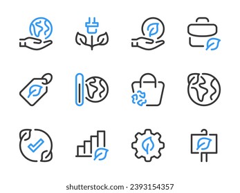 Vektorgrafiken von Ökologie und Umwelt. Ökologische Verfahren und Öko-Produktumriss-Icon-Set. Erderwärmung, Grüne Energie, Ökologisierung des Planeten, Naturpflege und mehr.