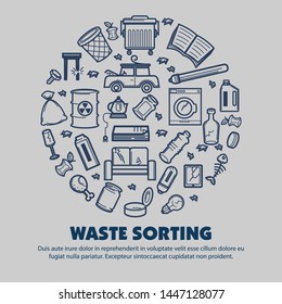 Ecology and environment waste sorting trash vector recycling broken electric appliances and food wastes old furniture and packaging toxic substance barrel and damaged vehicle cracked glass litter bin.