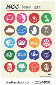 Ecology and environment web icons set drawn by chalk. Hand drawn vector elements pack isolated on paper