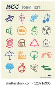 Ecology and environment web icons set drawn by color pencils. Hand drawn vector elements pack isolated on paper