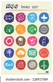 Ecology and environment web icons set drawn by chalk. Hand drawn vector elements pack isolated on paper