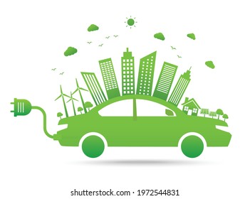 Ecology and environmental cityscape with car. save energy and world concept. vector illustration in flat style modern design. isolated on white background.