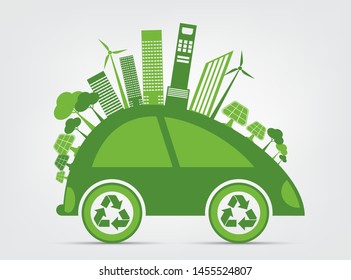 Ecology and Environmental Cityscape Concept,Car Symbol With Green Leaves Around Cities Help The World With Eco-Friendly Ideas