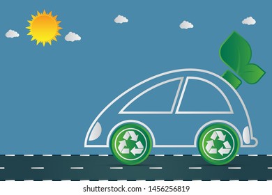 Ecology and Environmental Cityscape Concept,Car Symbol With Green Leaves Around Cities Help The World With Eco-Friendly Ideas