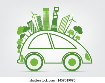 Ecology and Environmental Cityscape Concept,Car Symbol With Green Leaves Around Cities Help The World With Eco-Friendly Ideas